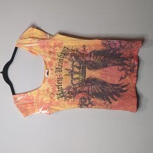 Harley Davidson Orange/Yellow Graphic Back Tie T-Shirt: Women's Large